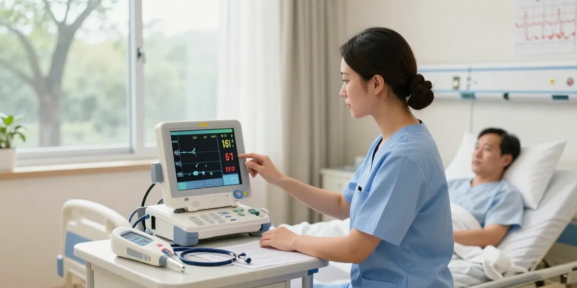 Nurse monitoring vital signs on a vital signs monitor in a calming hospital room.