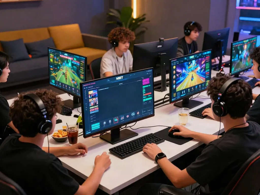 Diverse players enjoying games on https://nbet.group/ in a modern, vibrant online gaming environment.