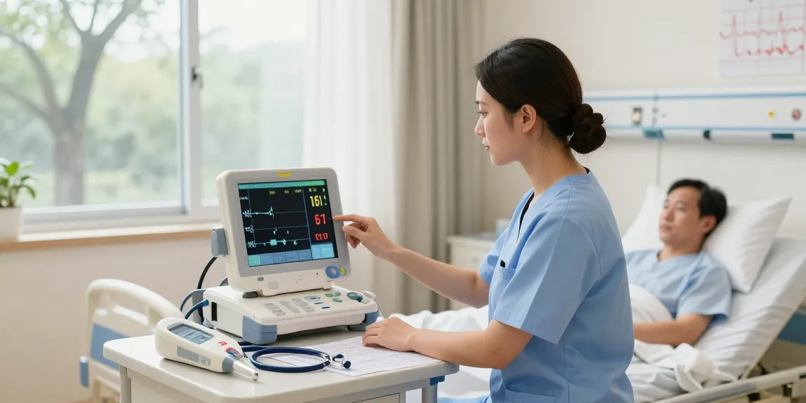 Nurse monitoring vital signs on a vital signs monitor in a calming hospital room.