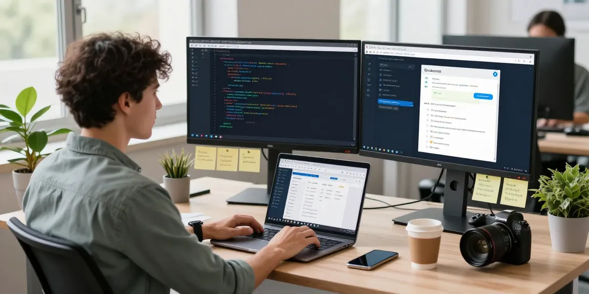 Developer using Telegram Web Version on dual monitors in a modern office.
