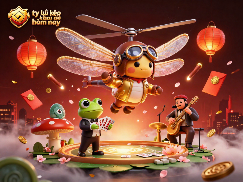 Play today with tỷ lệ kèo nhà cái hôm nay, featuring a flying dragonfly pilot and a frog croupier in vibrant casino scene.