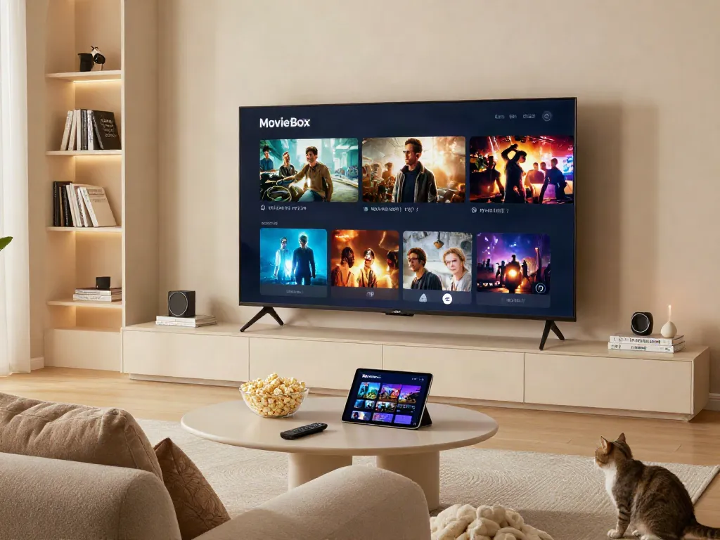 Experience the MovieBox App on a cozy couch with a tablet showcasing the interface.