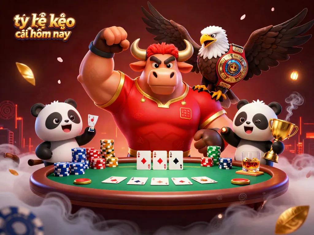 Engaging illustration depicting tỷ lệ kèo nhà cái hôm nay with a bull mascot and a panda celebrating at a poker table.