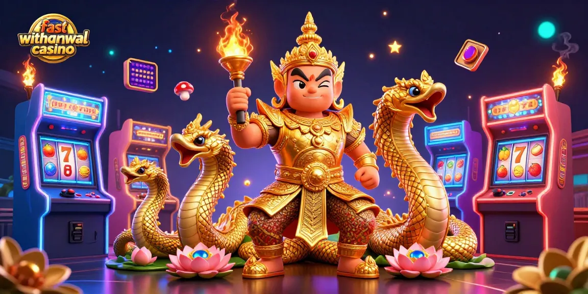 Engage in fast withdrawal casino action with 3D cartoon characters amidst vibrant gaming and colorful slot reels.