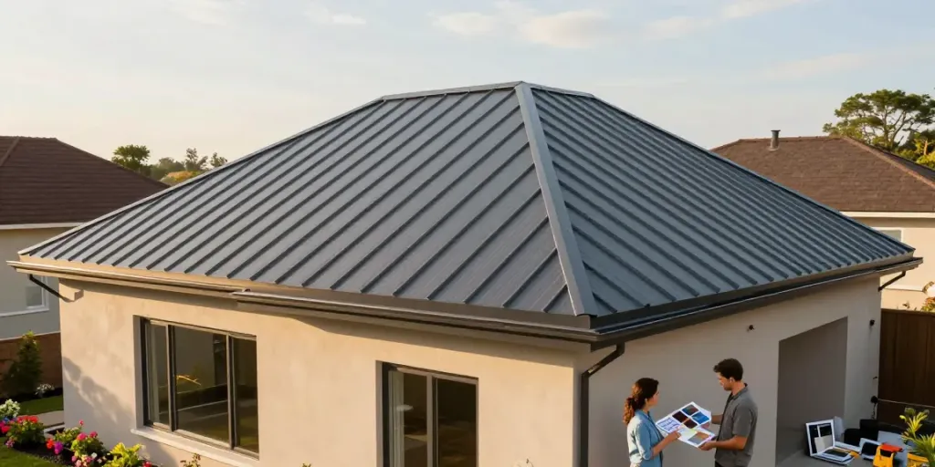 Stylish home featuring standing seam panels roof, couple discussing project with design samples