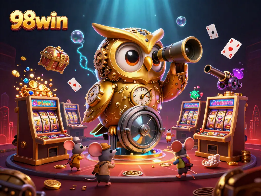 Engage with 98win's exciting casino atmosphere, featuring a golden owl and vibrant game elements.