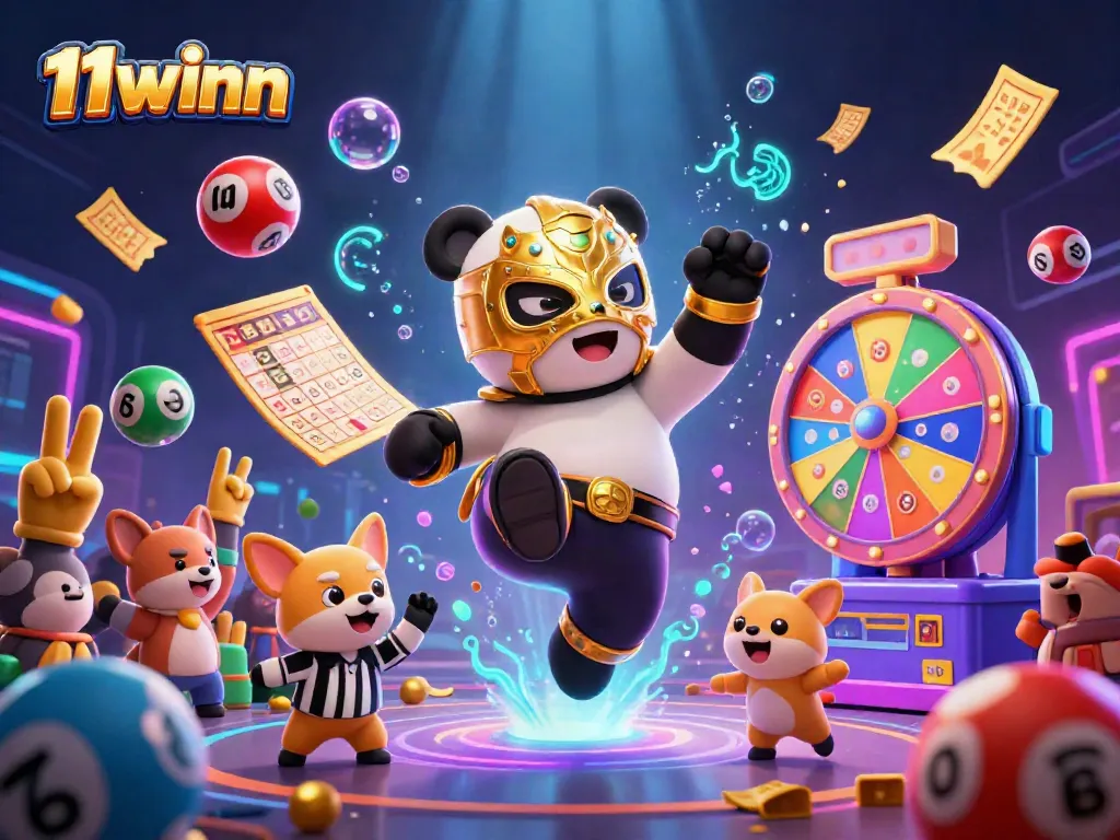 Experience the excitement at 11winn with a thrilling scene featuring a dynamic panda wrestler and vibrant casino elements.