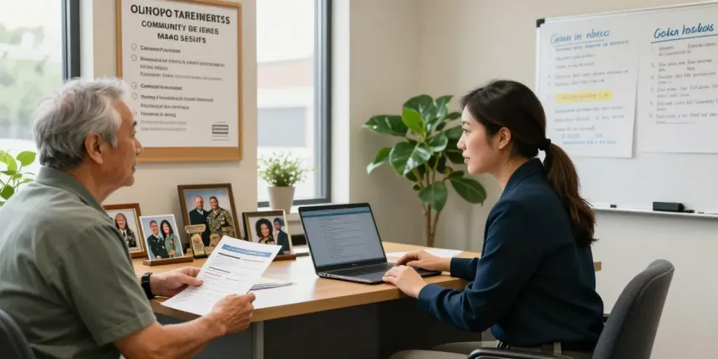 Veteran case management office scene depicting a case manager engaging with a veteran, showcasing community support and resources.