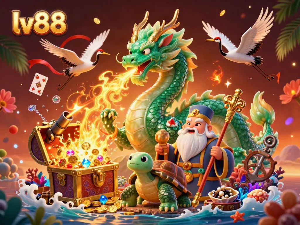 Experience thrilling gaming at lv88 with a jade dragon, turtle sage, and lucky cranes in a dynamic casino scene.