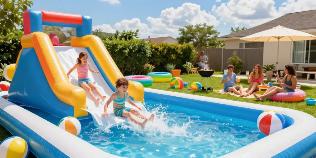 Exciting slide water slide scene with children splashing into a pool