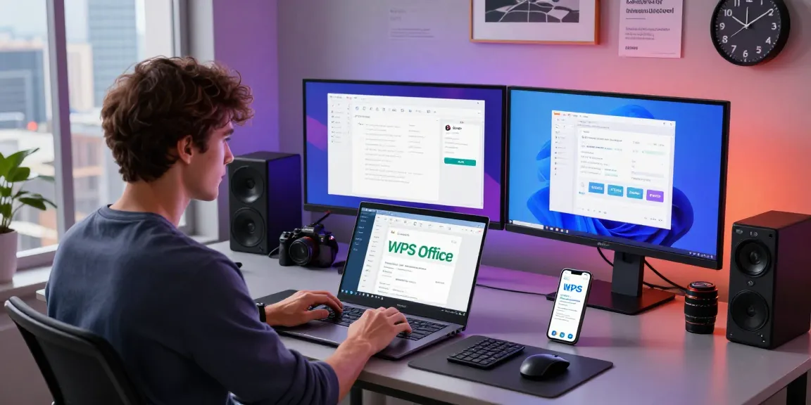 WPS Download on a laptop in a modern workspace with productivity tools visible