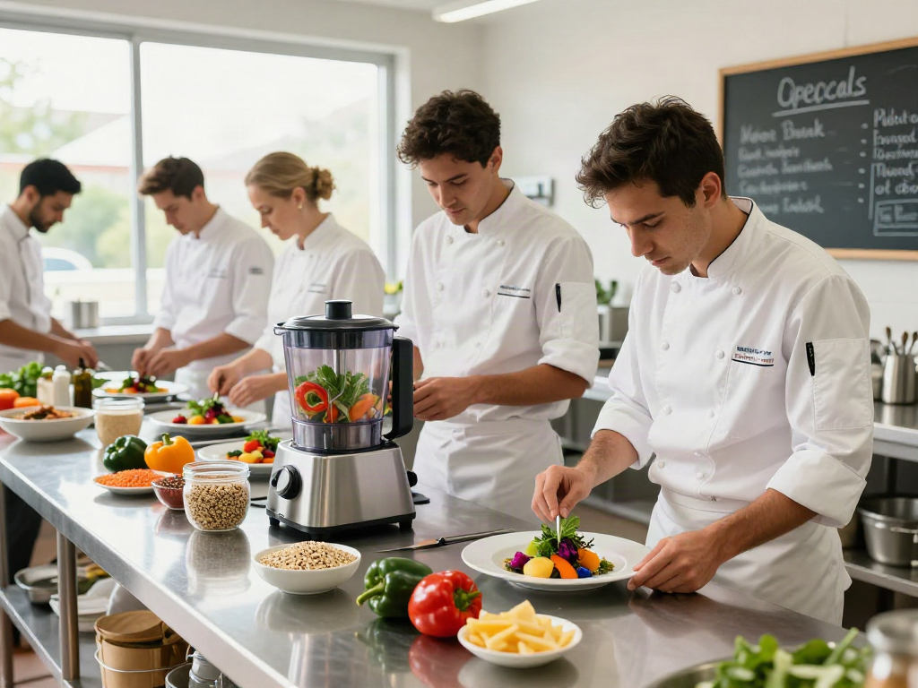 Chefs innovatively preparing plant-based meals in a modern kitchen, erecsure ingredients highlighted.