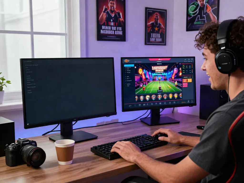 Player immersed in an online betting experience at https://uk88win.org/ showcasing dual monitors with sports and casino games.